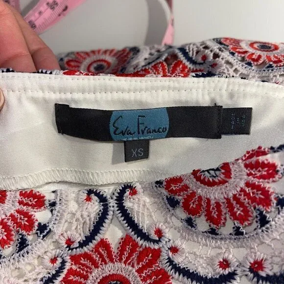 Eva Franco Skirt Size XS Red Blue White Brynn Embroidered Lace Cotton Blend